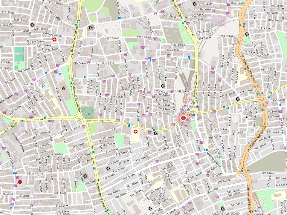 Alev Spa'nın Bağcılar Kirazlı Metro yanındaki konumu — Kirazlı Mahallesi, Mevlana Caddesi (OpenStreetMap)