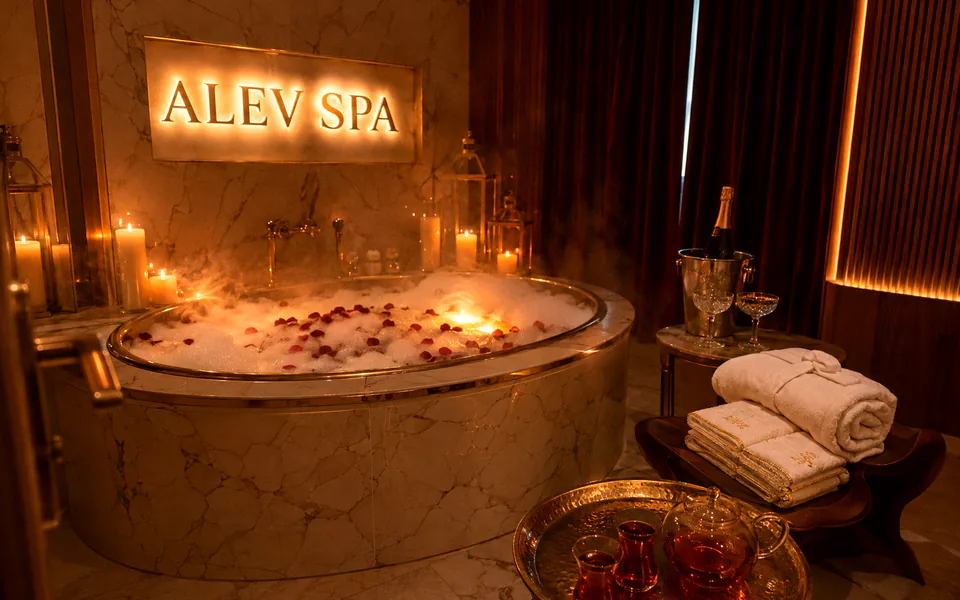 Jakuzili VIP süit · loş ışıkta sıcak su keyfi, Alev Spa