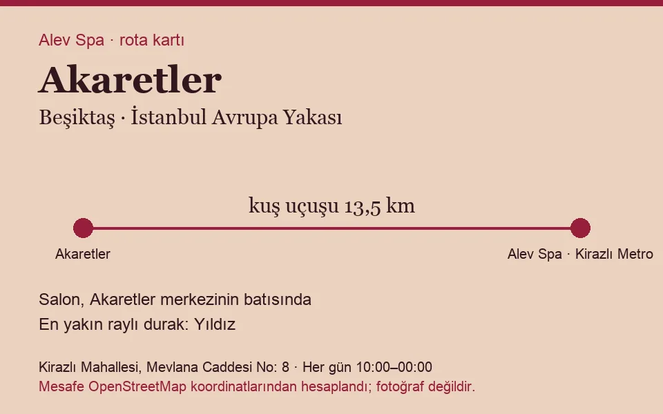 Akaretler masaj salonu rota kartı: Alev Spa'ya kuş uçuşu 13,5 km, salon batısında