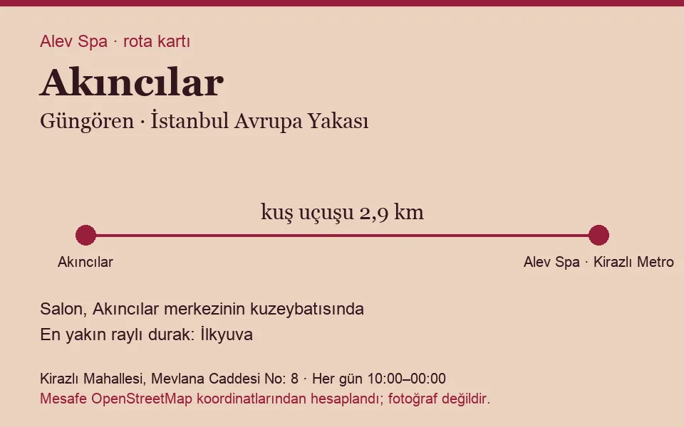 Akıncılar masaj salonu rota kartı: Alev Spa'ya kuş uçuşu 2,9 km, salon kuzeybatısında