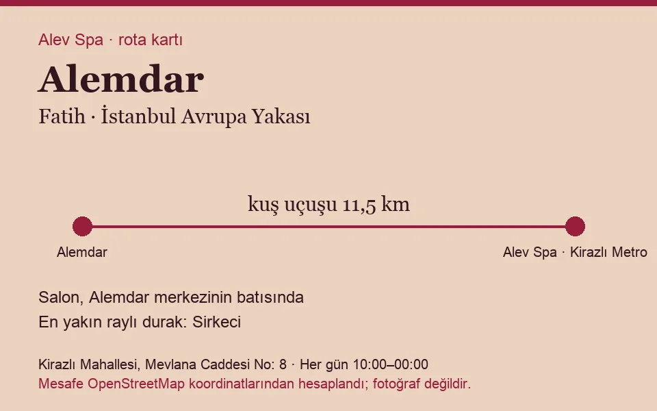 Alemdar masaj salonu rota kartı: Alev Spa'ya kuş uçuşu 11,5 km, salon batısında