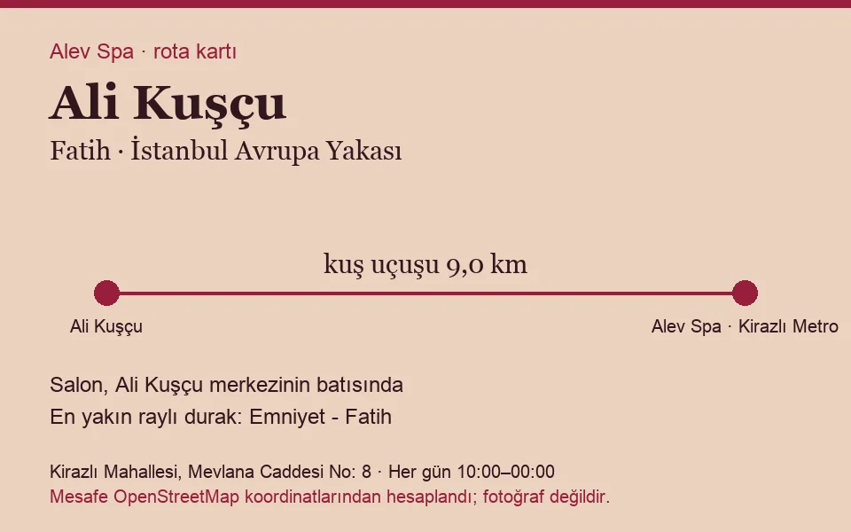 Ali Kuşçu masaj salonu rota kartı: Alev Spa'ya kuş uçuşu 9,0 km, salon batısında