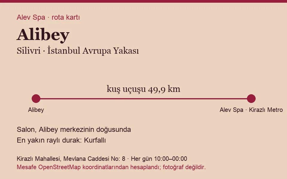 Alibey masaj salonu rota kartı: Alev Spa'ya kuş uçuşu 49,9 km, salon doğusunda
