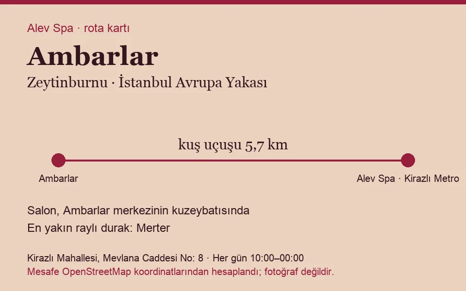 Ambarlar masaj salonu rota kartı: Alev Spa'ya kuş uçuşu 5,7 km, salon kuzeybatısında
