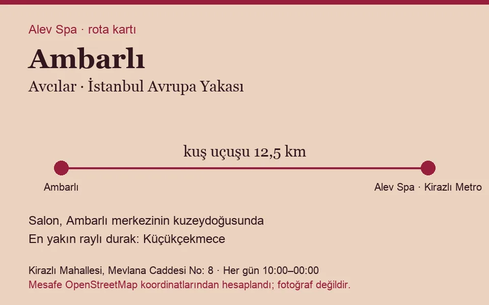 Ambarlı masaj salonu rota kartı: Alev Spa'ya kuş uçuşu 12,5 km, salon kuzeydoğusunda