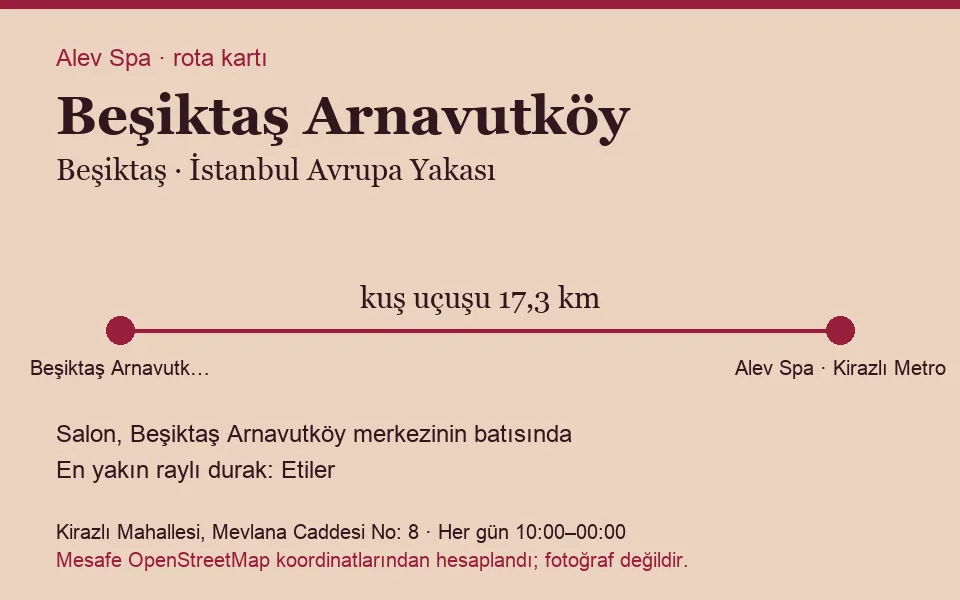 Arnavutköy (Beşiktaş) masaj salonu rota kartı: Alev Spa'ya kuş uçuşu 17,3 km, salon batısında