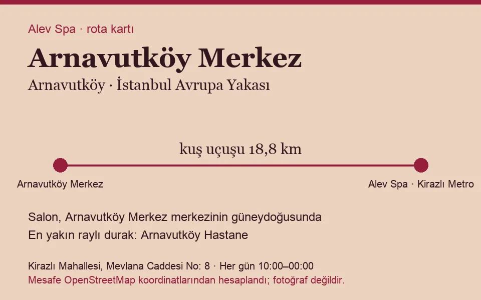 Arnavutköy Merkez masaj salonu rota kartı: Alev Spa'ya kuş uçuşu 18,8 km, salon güneydoğusunda