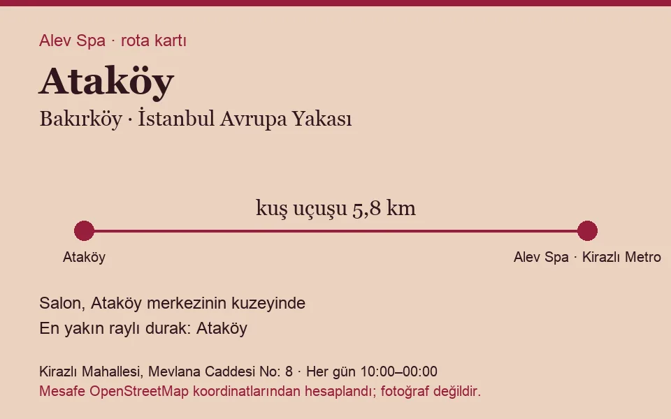 Ataköy masaj salonu rota kartı: Alev Spa'ya kuş uçuşu 5,8 km, salon kuzeyinde