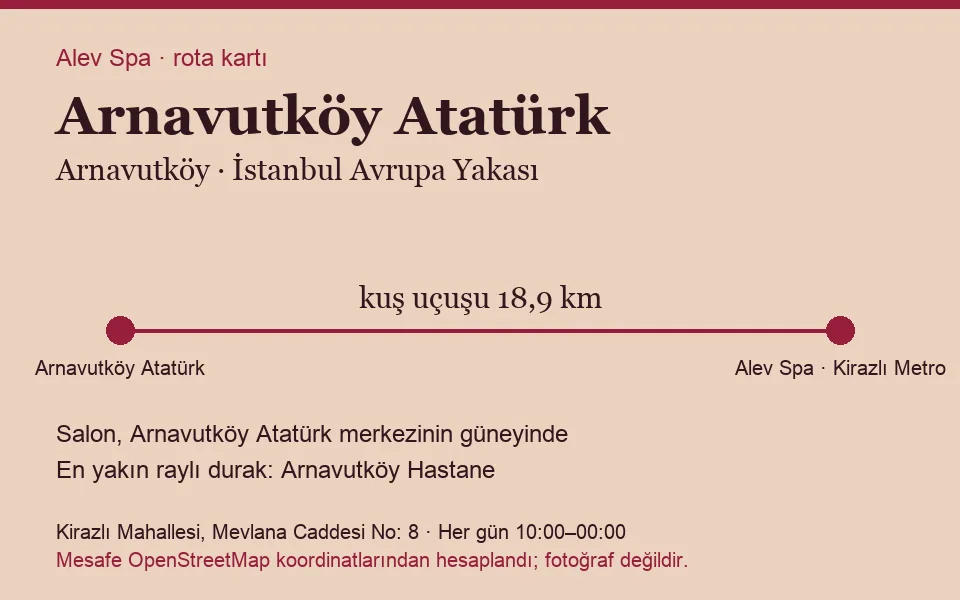 Atatürk (Arnavutköy) masaj salonu rota kartı: Alev Spa'ya kuş uçuşu 18,9 km, salon güneyinde