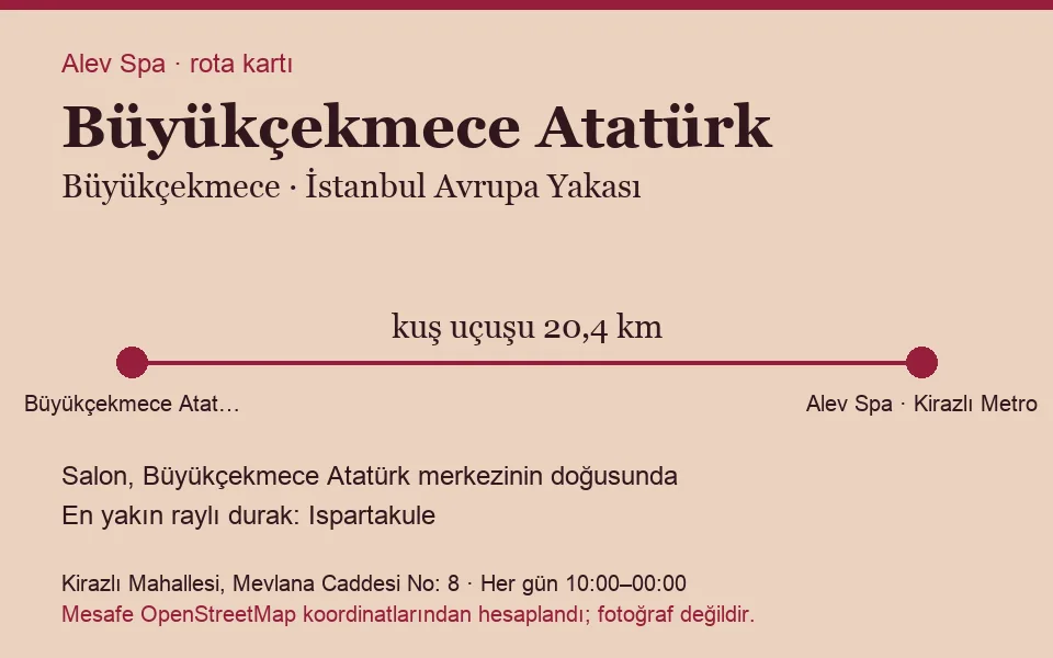Atatürk (Büyükçekmece) masaj salonu rota kartı: Alev Spa'ya kuş uçuşu 20,4 km, salon doğusunda