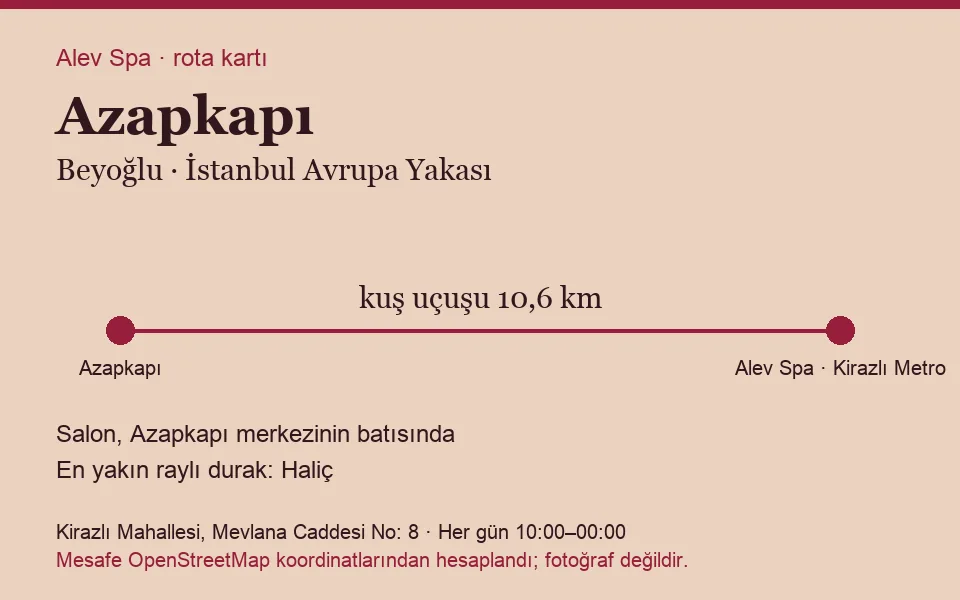 Azapkapı masaj salonu rota kartı: Alev Spa'ya kuş uçuşu 10,6 km, salon batısında