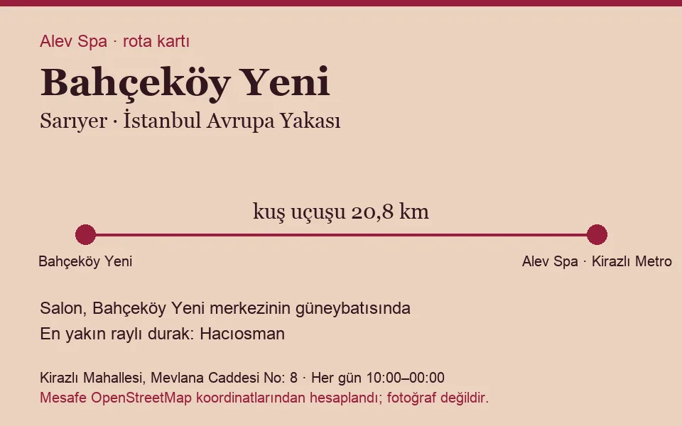 Bahçeköy Yeni masaj salonu rota kartı: Alev Spa'ya kuş uçuşu 20,8 km, salon güneybatısında
