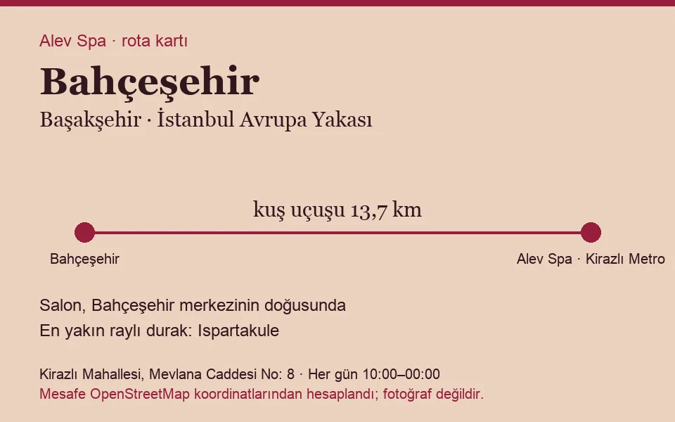 Bahçeşehir masaj salonu rota kartı: Alev Spa'ya kuş uçuşu 13,7 km, salon doğusunda