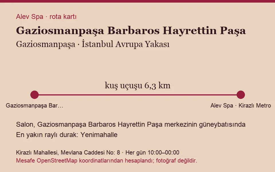 Barbaros Hayrettin Paşa (Gaziosmanpaşa) masaj salonu rota kartı: Alev Spa'ya kuş uçuşu 6,3 km, salon güneybatısında