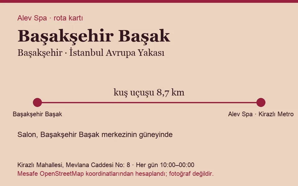 Başak (Başakşehir) masaj salonu rota kartı: Alev Spa'ya kuş uçuşu 8,7 km, salon güneyinde