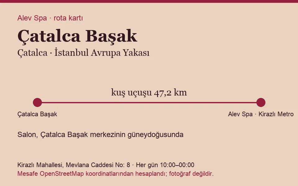 Başak (Çatalca) masaj salonu rota kartı: Alev Spa'ya kuş uçuşu 47,2 km, salon güneydoğusunda