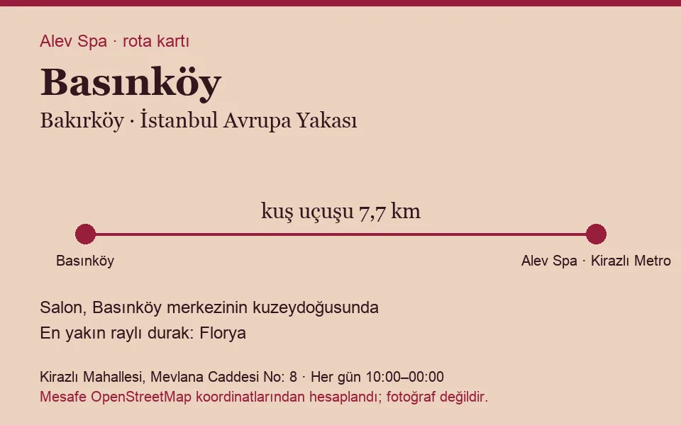 Basınköy masaj salonu rota kartı: Alev Spa'ya kuş uçuşu 7,7 km, salon kuzeydoğusunda