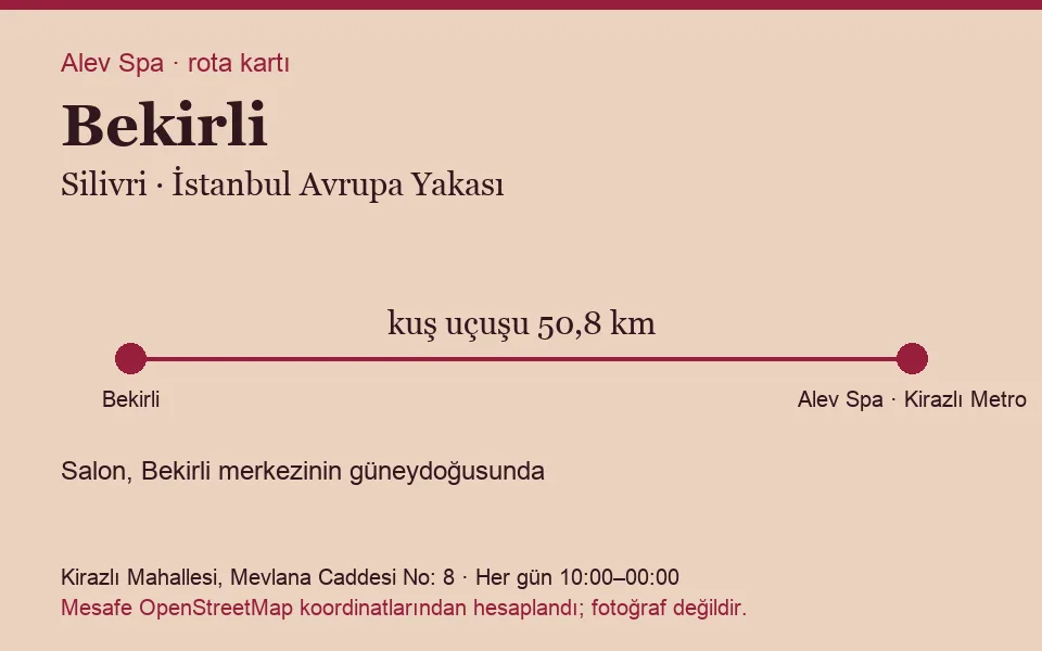 Bekirli masaj salonu rota kartı: Alev Spa'ya kuş uçuşu 50,8 km, salon güneydoğusunda