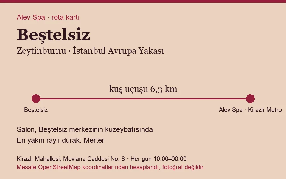 Beştelsiz masaj salonu rota kartı: Alev Spa'ya kuş uçuşu 6,3 km, salon kuzeybatısında