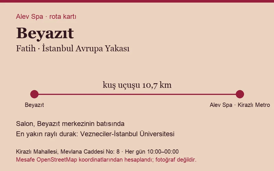 Beyazıt masaj salonu rota kartı: Alev Spa'ya kuş uçuşu 10,7 km, salon batısında
