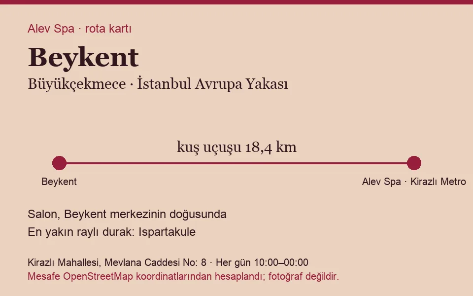 Beykent masaj salonu rota kartı: Alev Spa'ya kuş uçuşu 18,4 km, salon doğusunda