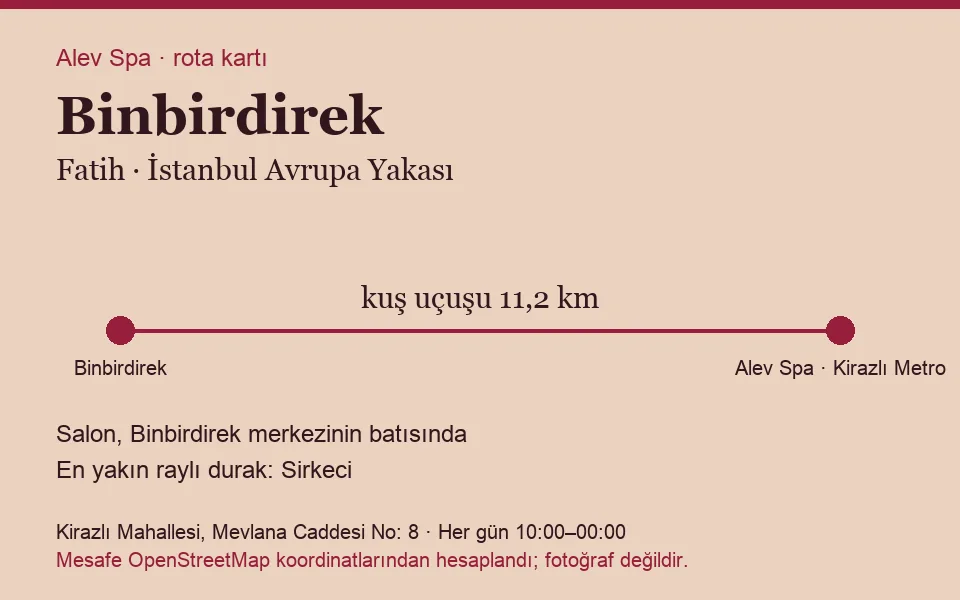 Binbirdirek masaj salonu rota kartı: Alev Spa'ya kuş uçuşu 11,2 km, salon batısında