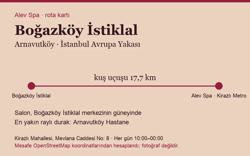 Boğazköy İstiklal masaj salonu rota kartı: Alev Spa'ya kuş uçuşu 17,7 km, salon güneyinde