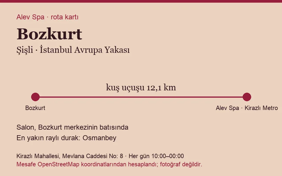 Bozkurt masaj salonu rota kartı: Alev Spa'ya kuş uçuşu 12,1 km, salon batısında