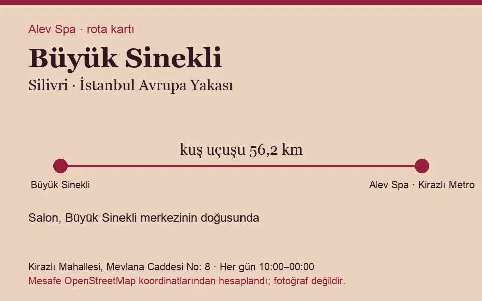 Büyük Sinekli masaj salonu rota kartı: Alev Spa'ya kuş uçuşu 56,2 km, salon doğusunda