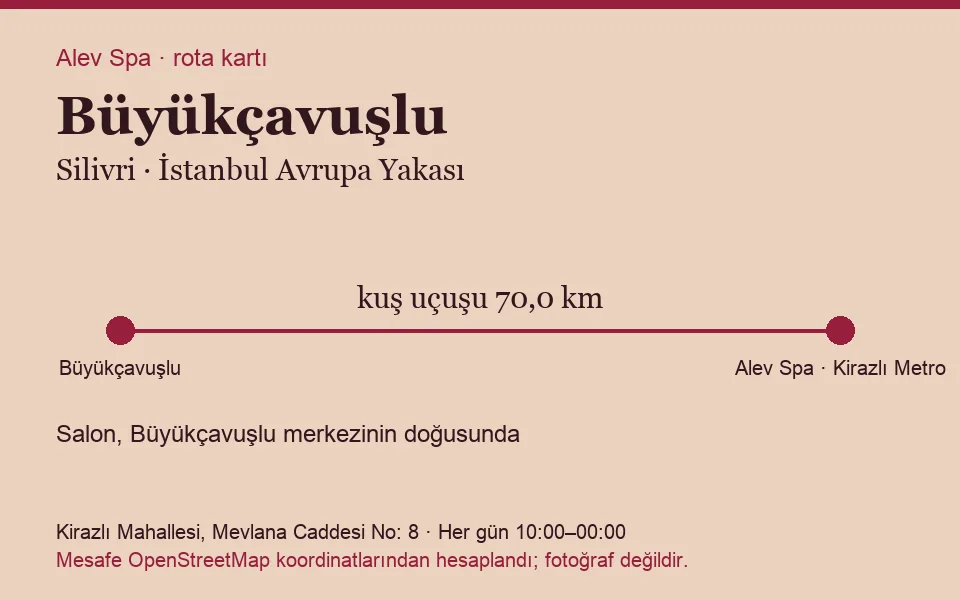Büyükçavuşlu masaj salonu rota kartı: Alev Spa'ya kuş uçuşu 70,0 km, salon doğusunda