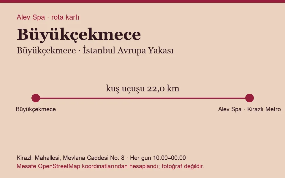 Büyükçekmece masaj salonu rota kartı: Alev Spa'ya kuş uçuşu 22,0 km