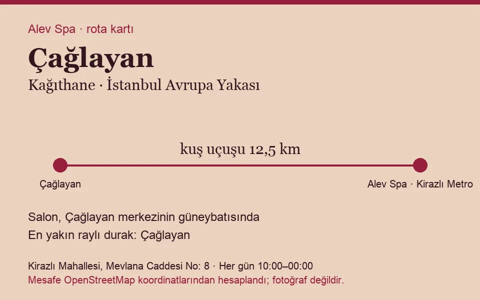 Çağlayan masaj salonu rota kartı: Alev Spa'ya kuş uçuşu 12,5 km, salon güneybatısında