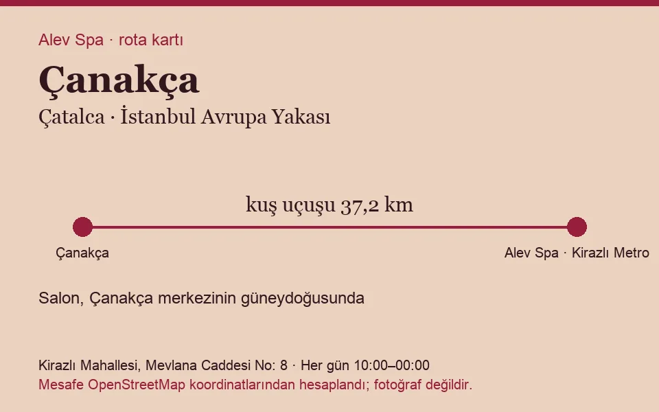 Çanakça masaj salonu rota kartı: Alev Spa'ya kuş uçuşu 37,2 km, salon güneydoğusunda