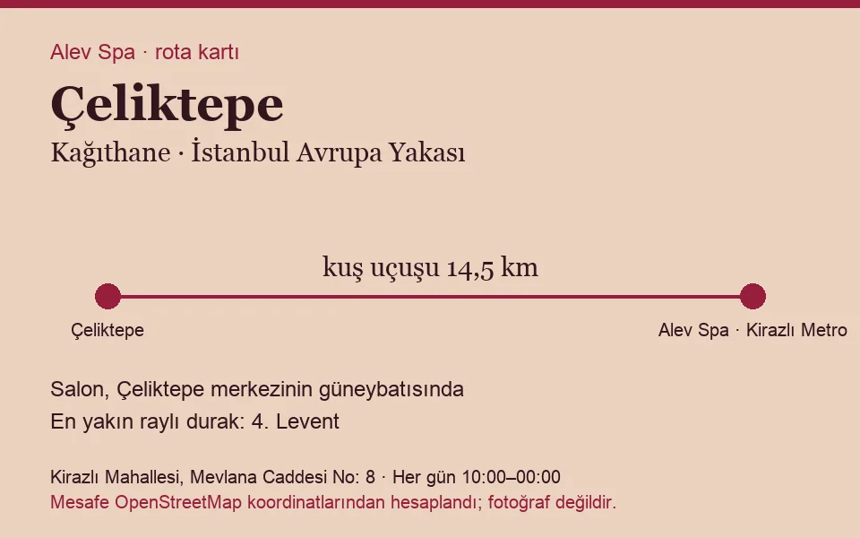 Çeliktepe masaj salonu rota kartı: Alev Spa'ya kuş uçuşu 14,5 km, salon güneybatısında