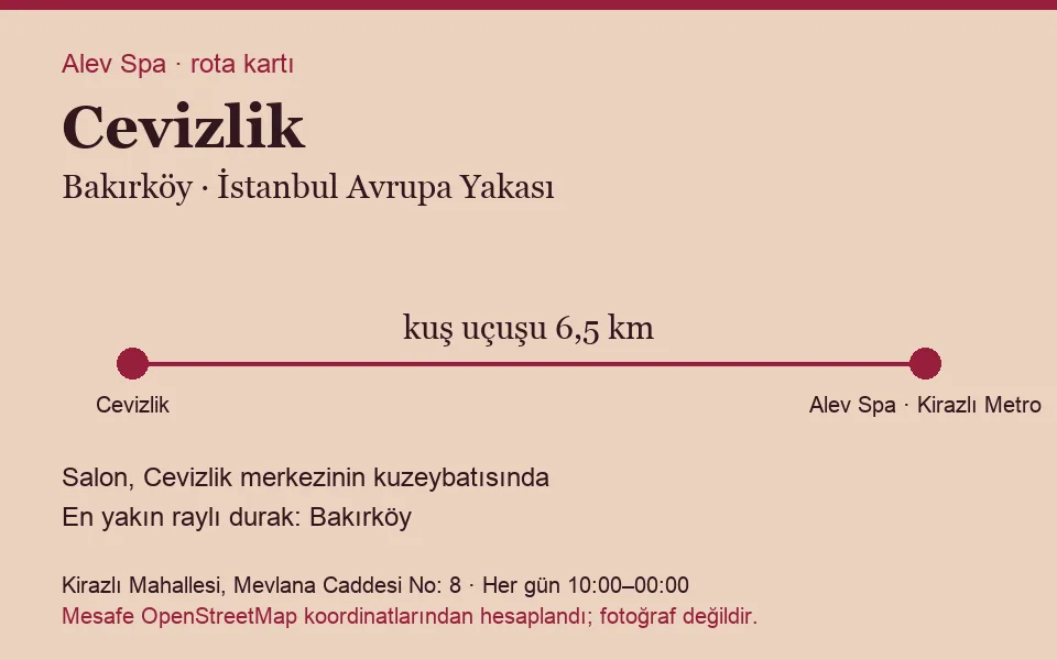 Cevizlik masaj salonu rota kartı: Alev Spa'ya kuş uçuşu 6,5 km, salon kuzeybatısında