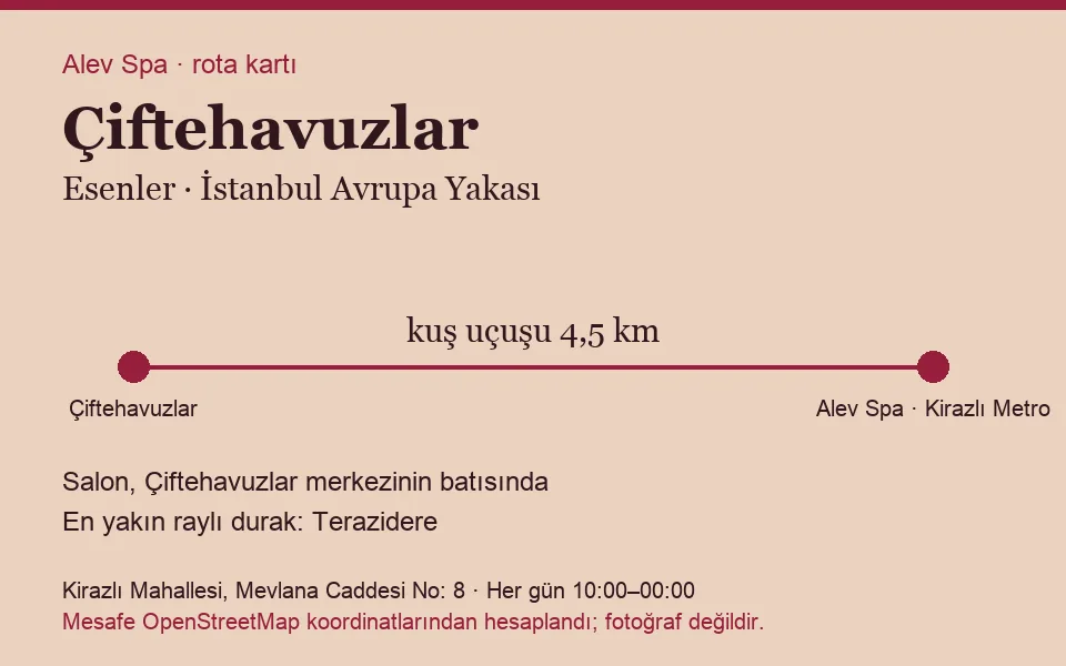 Çiftehavuzlar masaj salonu rota kartı: Alev Spa'ya kuş uçuşu 4,5 km, salon batısında