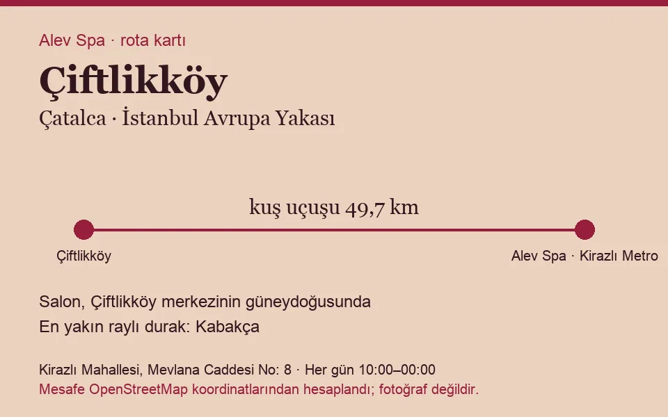 Çiftlikköy masaj salonu rota kartı: Alev Spa'ya kuş uçuşu 49,7 km, salon güneydoğusunda