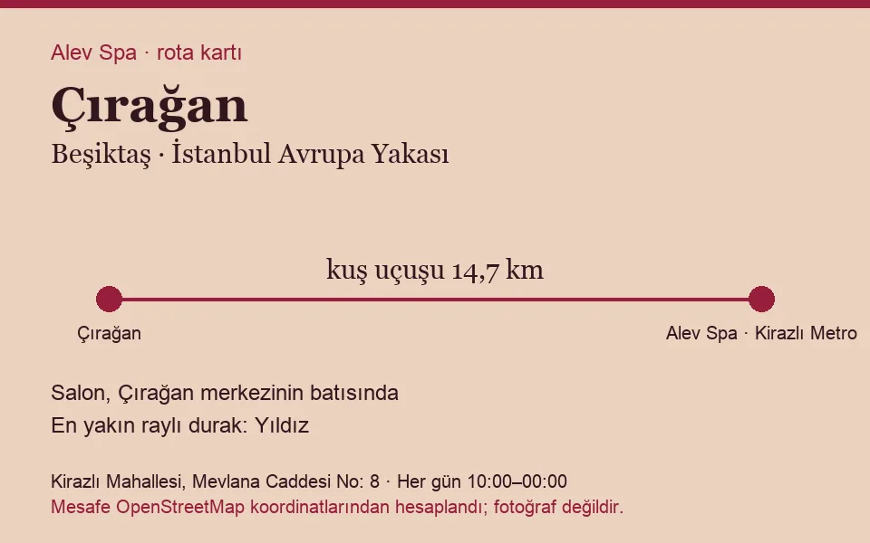 Çırağan masaj salonu rota kartı: Alev Spa'ya kuş uçuşu 14,7 km, salon batısında