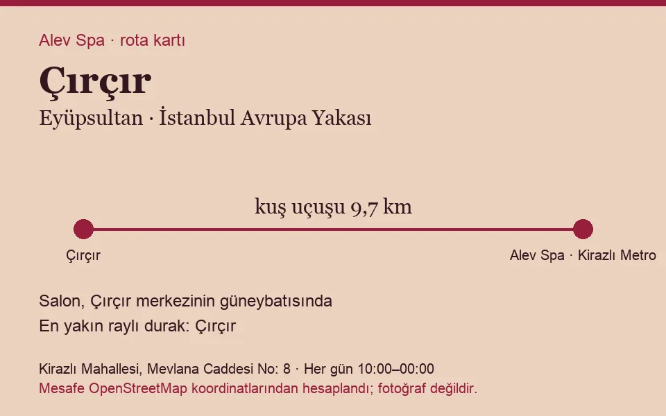 Çırçır masaj salonu rota kartı: Alev Spa'ya kuş uçuşu 9,7 km, salon güneybatısında