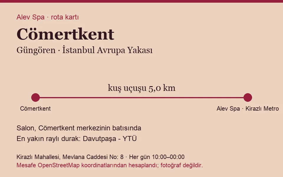 Cömertkent masaj salonu rota kartı: Alev Spa'ya kuş uçuşu 5,0 km, salon batısında