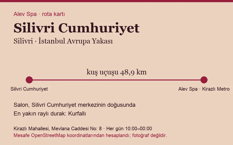 Cumhuriyet (Silivri) masaj salonu rota kartı: Alev Spa'ya kuş uçuşu 48,9 km, salon doğusunda
