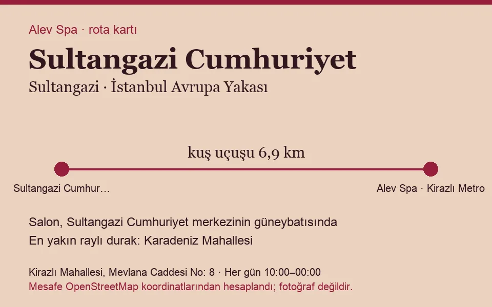 Cumhuriyet (Sultangazi) masaj salonu rota kartı: Alev Spa'ya kuş uçuşu 6,9 km, salon güneybatısında