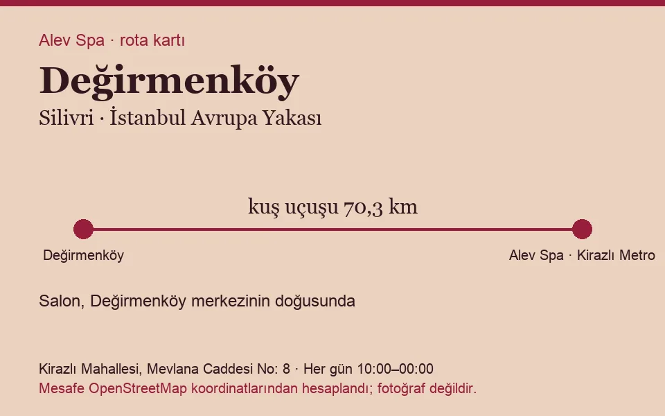 Değirmenköy masaj salonu rota kartı: Alev Spa'ya kuş uçuşu 70,3 km, salon doğusunda
