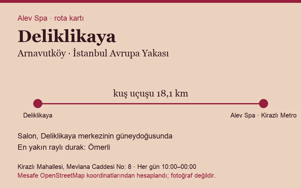 Deliklikaya masaj salonu rota kartı: Alev Spa'ya kuş uçuşu 18,1 km, salon güneydoğusunda