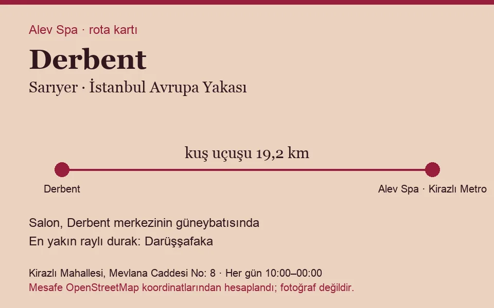 Derbent masaj salonu rota kartı: Alev Spa'ya kuş uçuşu 19,2 km, salon güneybatısında