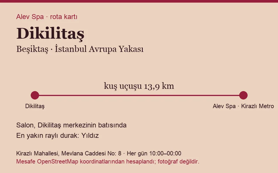 Dikilitaş masaj salonu rota kartı: Alev Spa'ya kuş uçuşu 13,9 km, salon batısında