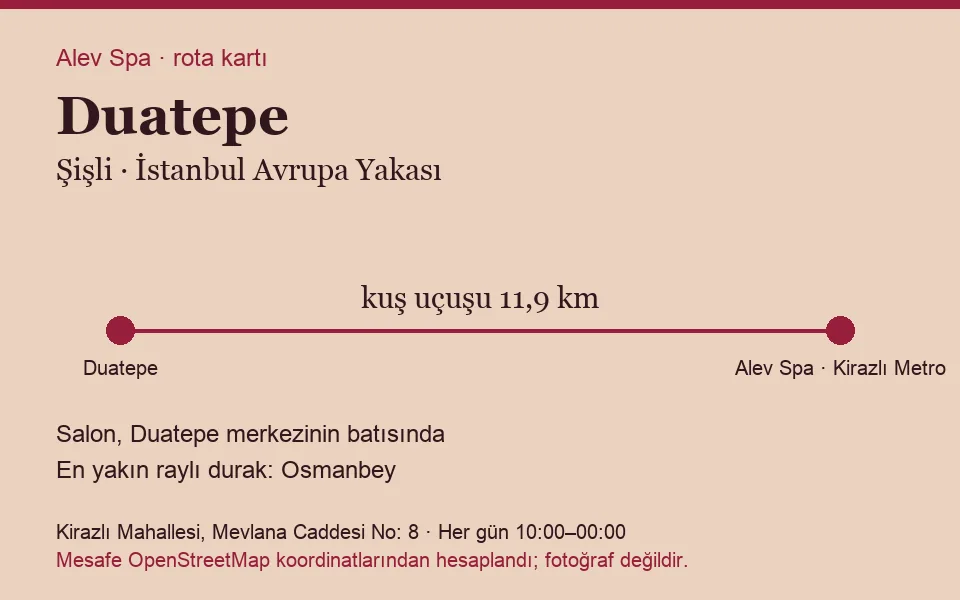 Duatepe masaj salonu rota kartı: Alev Spa'ya kuş uçuşu 11,9 km, salon batısında