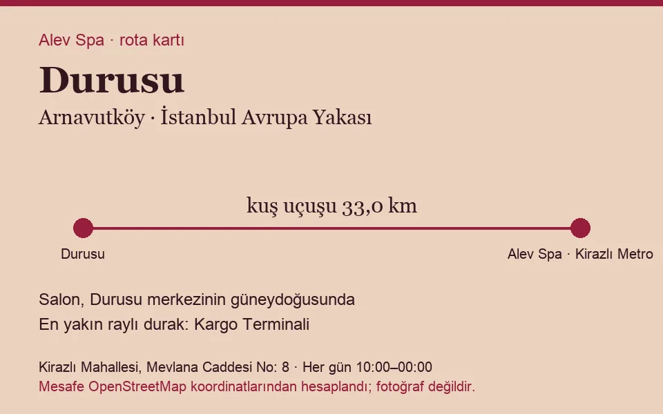 Durusu masaj salonu rota kartı: Alev Spa'ya kuş uçuşu 33,0 km, salon güneydoğusunda