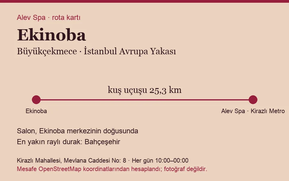Ekinoba masaj salonu rota kartı: Alev Spa'ya kuş uçuşu 25,3 km, salon doğusunda