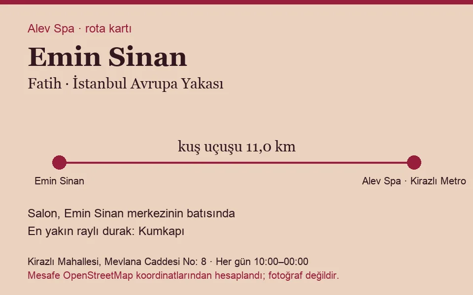 Emin Sinan masaj salonu rota kartı: Alev Spa'ya kuş uçuşu 11,0 km, salon batısında